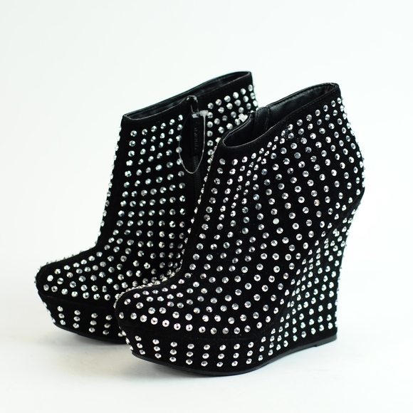 Vegan Black Rhinestone Studded Wedge 